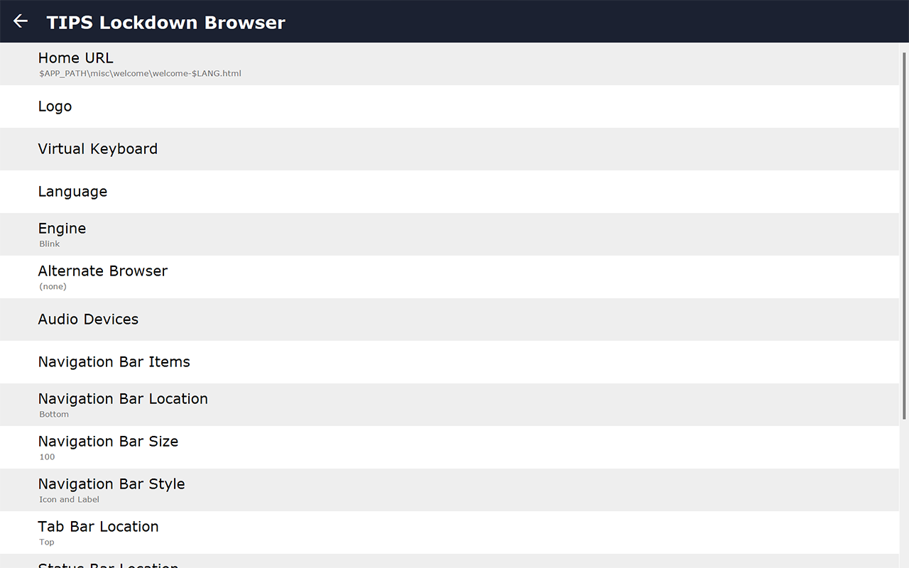 TIPS Manager: Lockdown browser settings